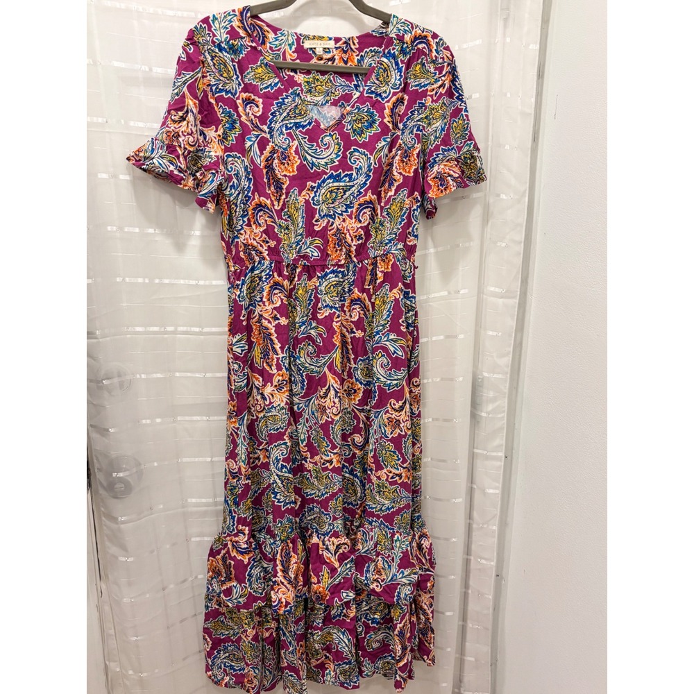 Kate & Sam Magenta Paisley V-Neck Maxi Dress Short Flutter Sleeve Tiered Ruffle